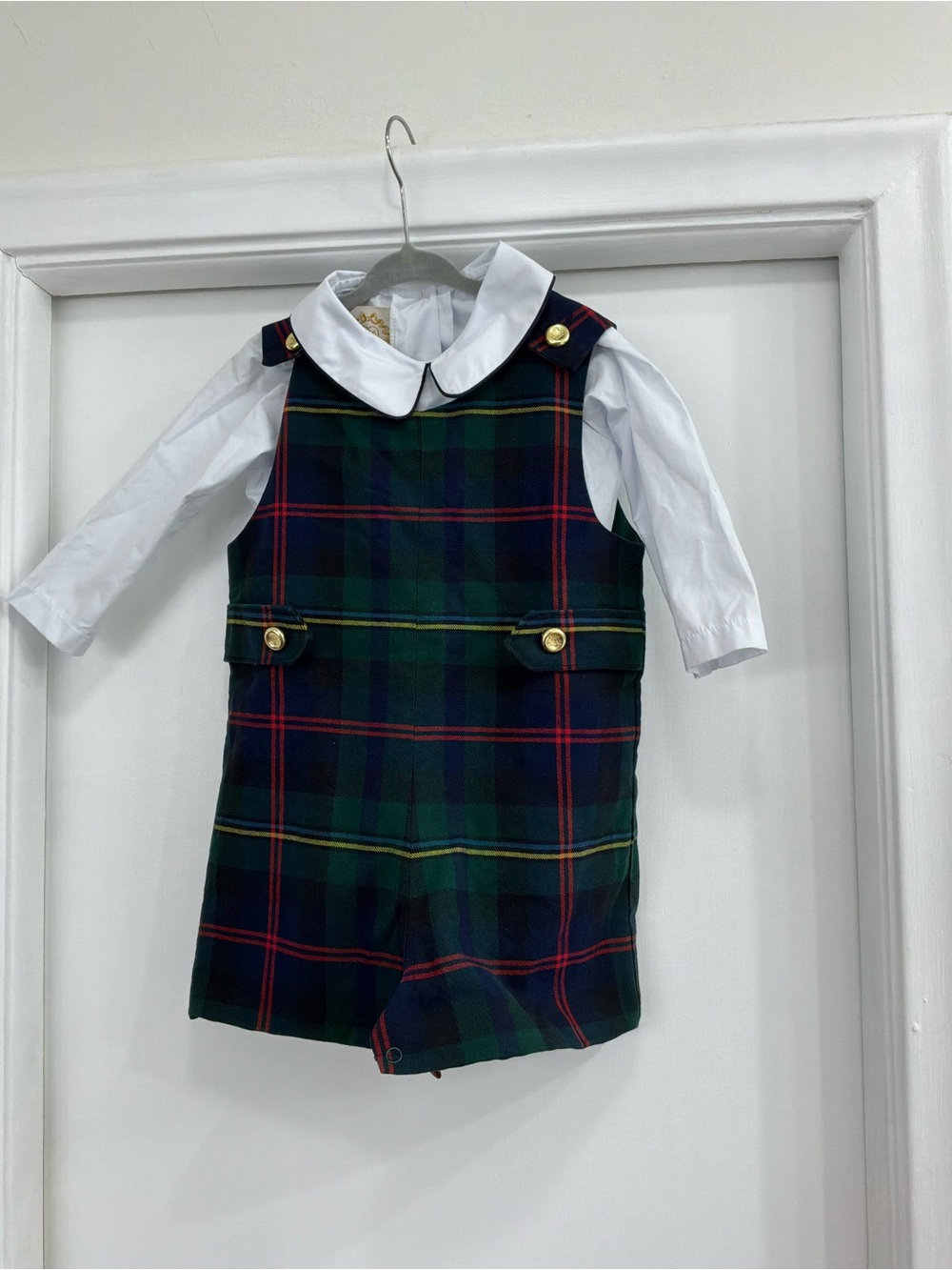 Classic Green Plaid Boys' Romper with White Collar